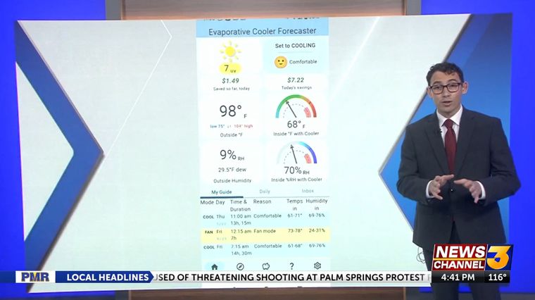 Spencer Blum, showing a screenshot of the Evaporative Cooler Forecaster app, on KESQ TV (ABC). June 16, 2025.